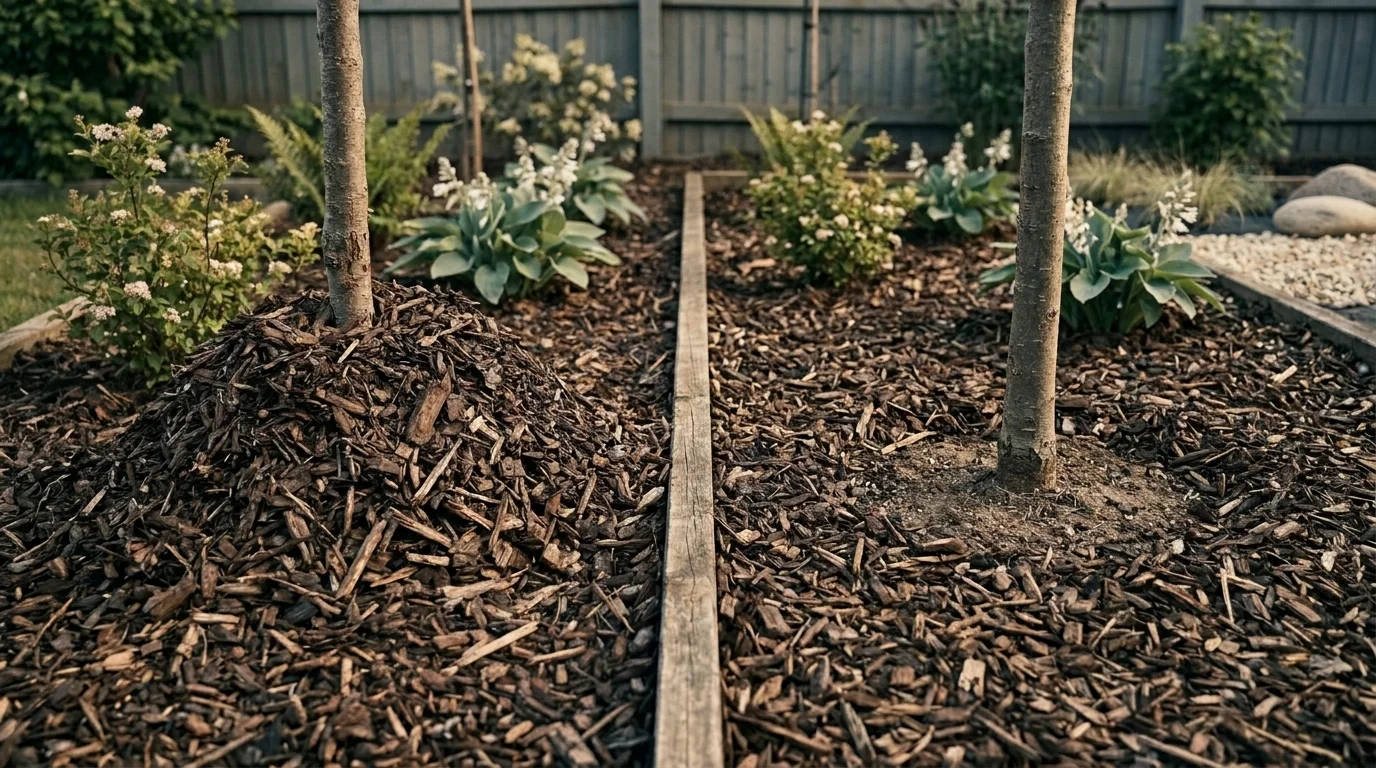 Two tree bases: a wrong mulch volcano piled against the trunk and a correct flat 3-4 inch layer with bare soil around the trunk