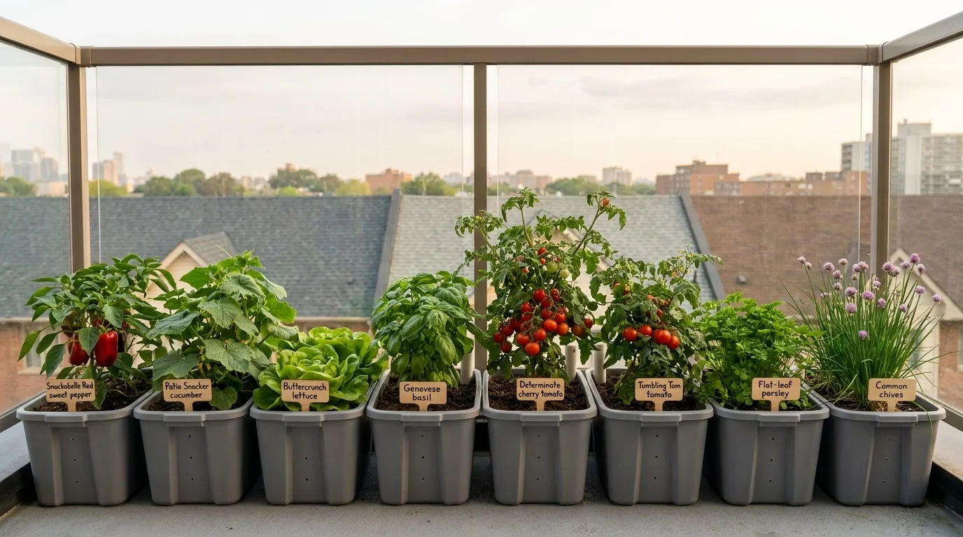 Nine DIY sub-irrigated planters made from nested grey storage totes lined up along a Toronto balcony rail with cultivar tags