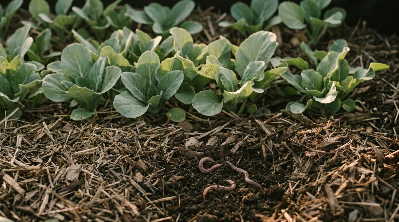 Overhead no-dig bed with a three-inch organic mulch layer between rows of leafy greens, earthworms at the soil surface