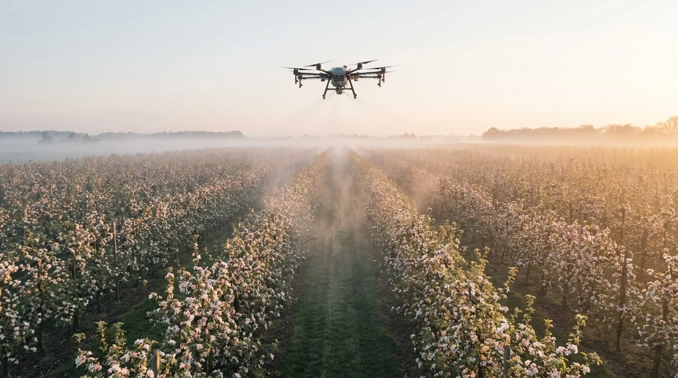 A pollination service drone flying high over long rows of blossoming orchard trees at dawn, showing the orchard's scale