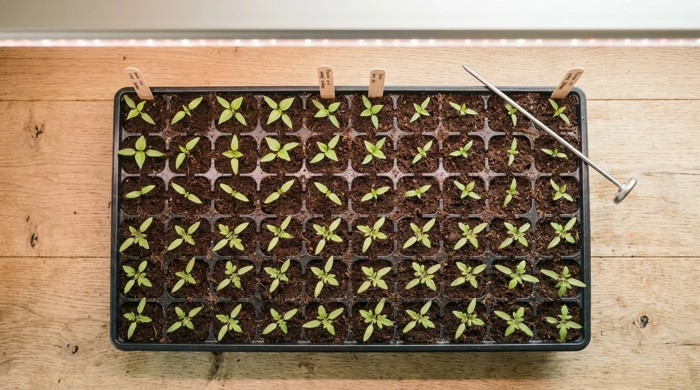 Overhead flat-lay of a 72-cell coir-based seed-starting tray with cotyledons emerging in tidy rows under LED light