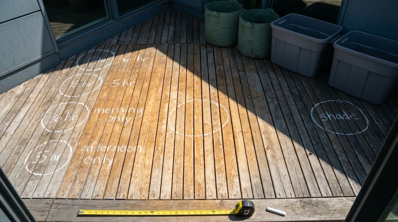 Overhead view of a small balcony floor with chalk-marked container positions for sun-mapping a small space garden