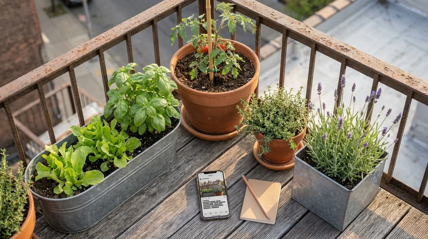 Overhead view of a small balcony with terracotta and zinc containers of lettuce, basil and tomato beside a phone on the deck