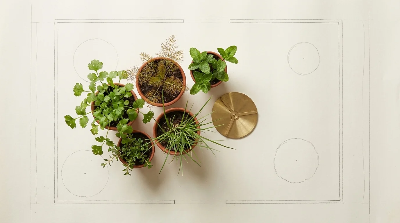 Overhead flat-lay of a hand-drawn garden plan with coriander, fennel and mint in small terracotta pots for dosha balancing
