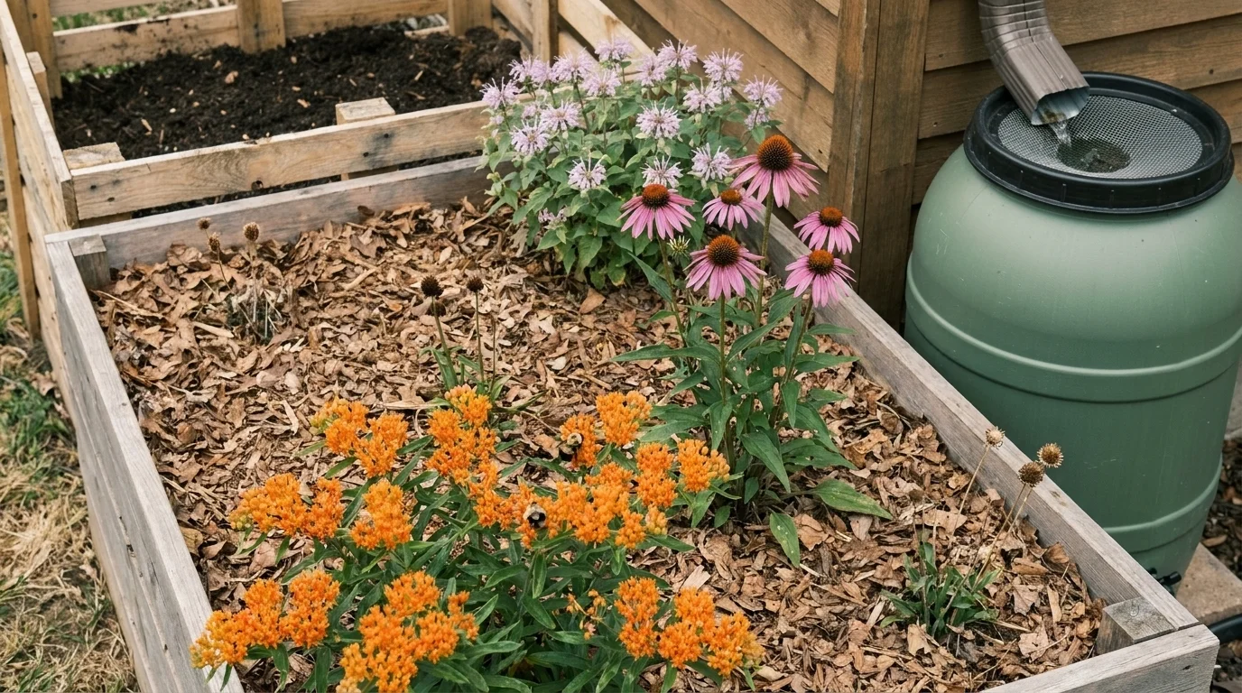 Overhead view of a leaf-mulched raised bed with native flowers, a pallet compost bin in the corner, and a green rain barrel