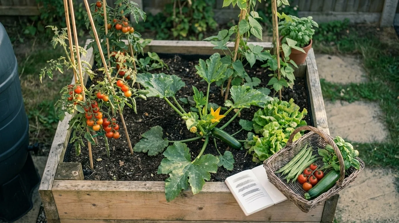 Overhead view of a raised bed in late summer with cherry tomatoes, courgette, runner beans, and a harvest basket on the path