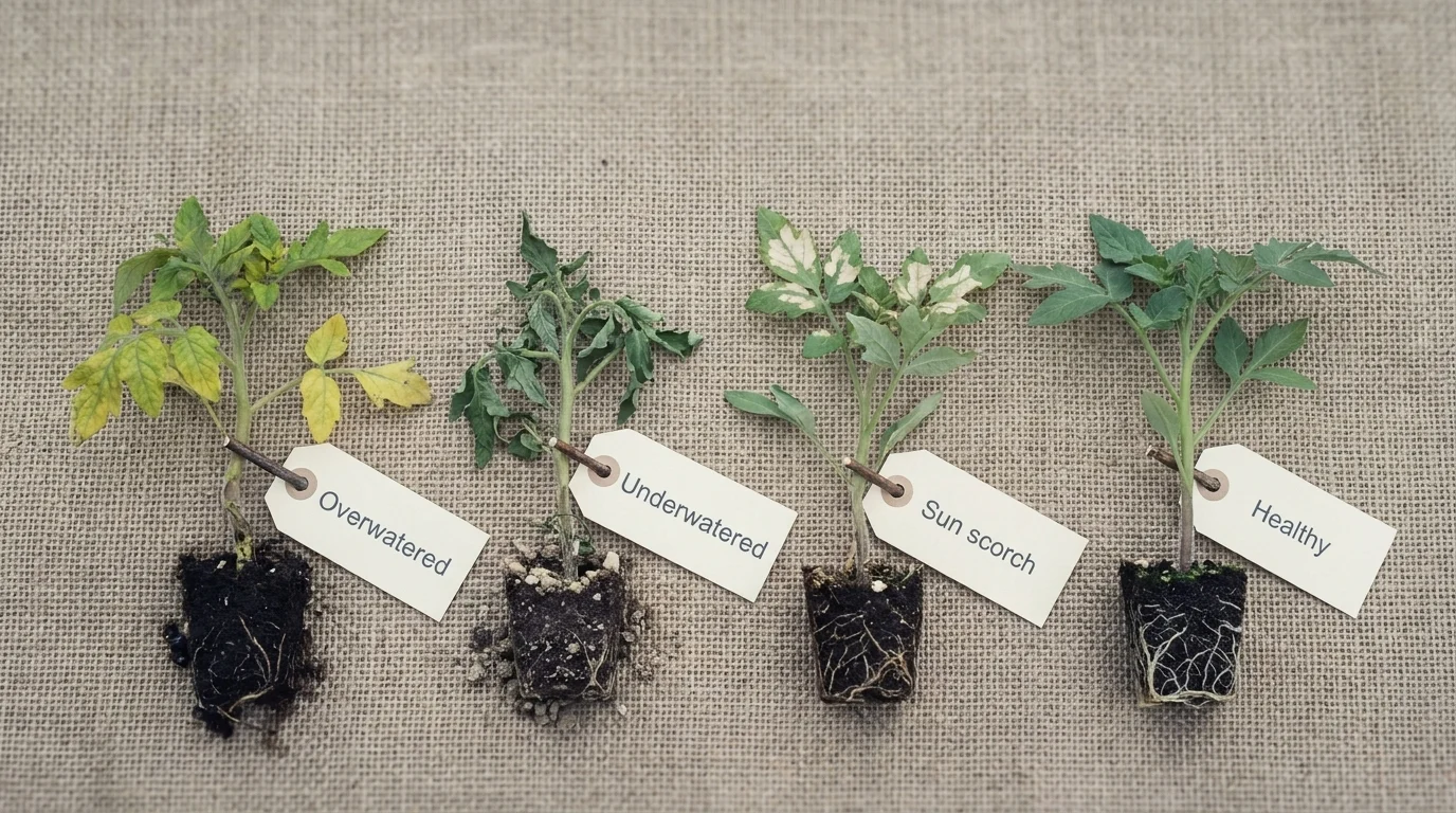 Diagnostic comparison of four plant specimens on hessian — overwatered, underwatered, sun-scorched, healthy — for revival