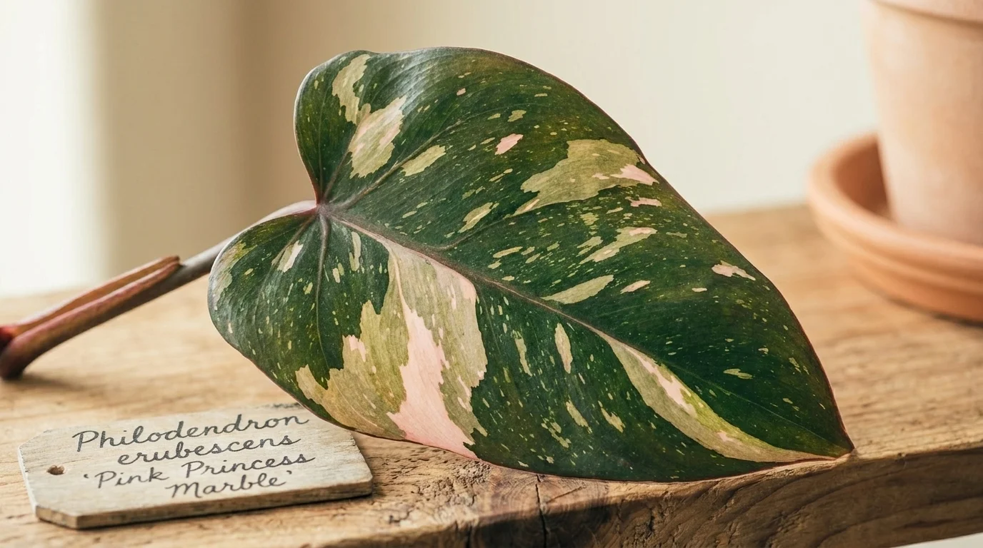 Close-up of a Philodendron Pink Princess Marble leaf showing pink, cream, and dark-green variegation in soft window light