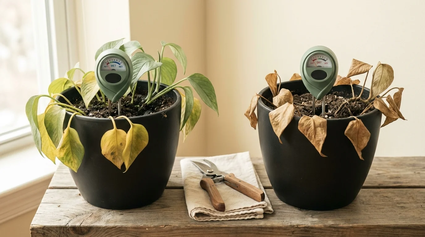 Two pothos side-by-side, overwatered with yellow droop on the left and underwatered with crispy curled tips on the right