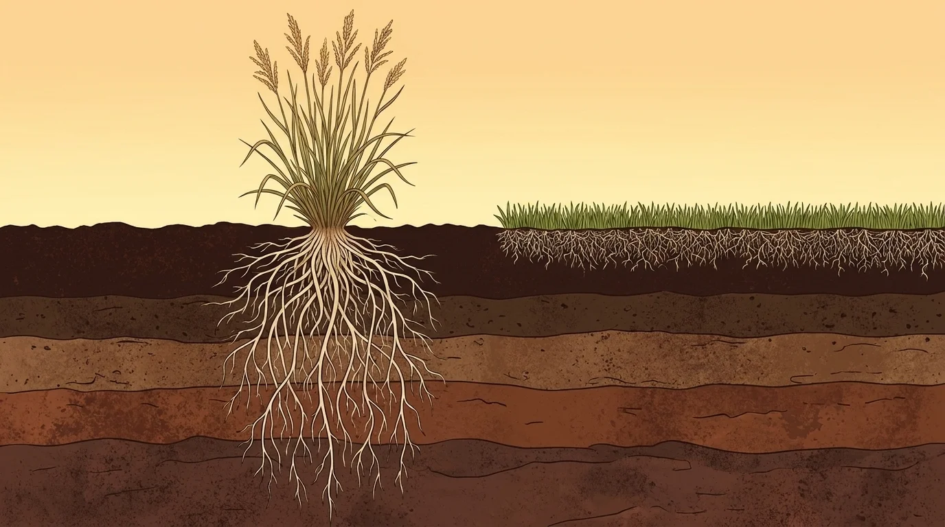 A soil-profile diagram of deep prairie-grass roots reaching metres down beside the shallow root mat of a turf lawn