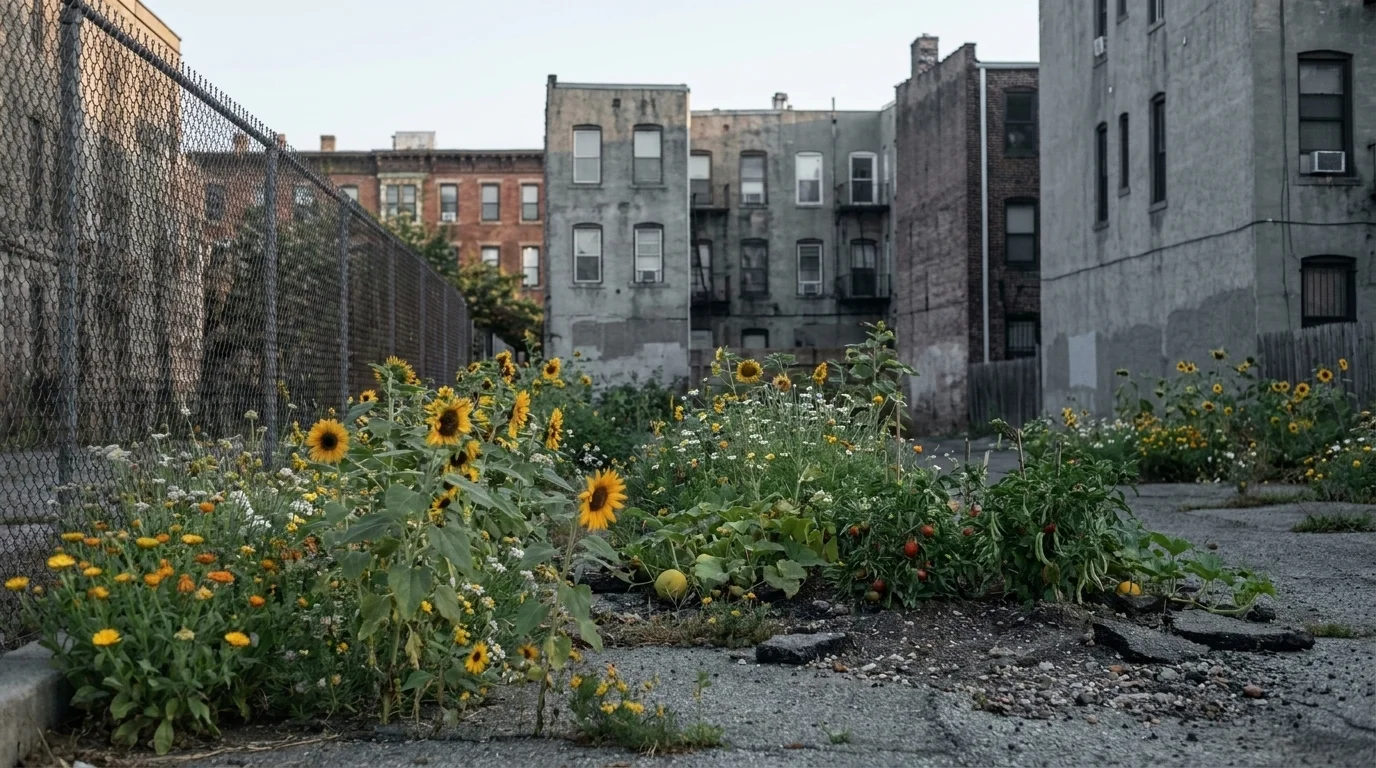 Wildflowers, sunflowers and vegetables growing in a reclaimed urban vacant lot beside a chain-link fence