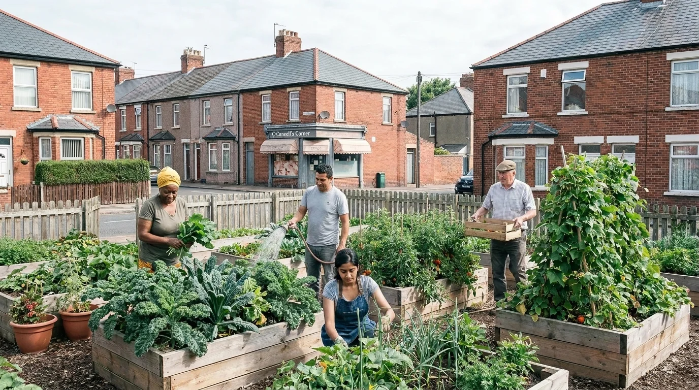 Residents of different ages tending vegetable-filled raised beds at a community garden with city row houses behind