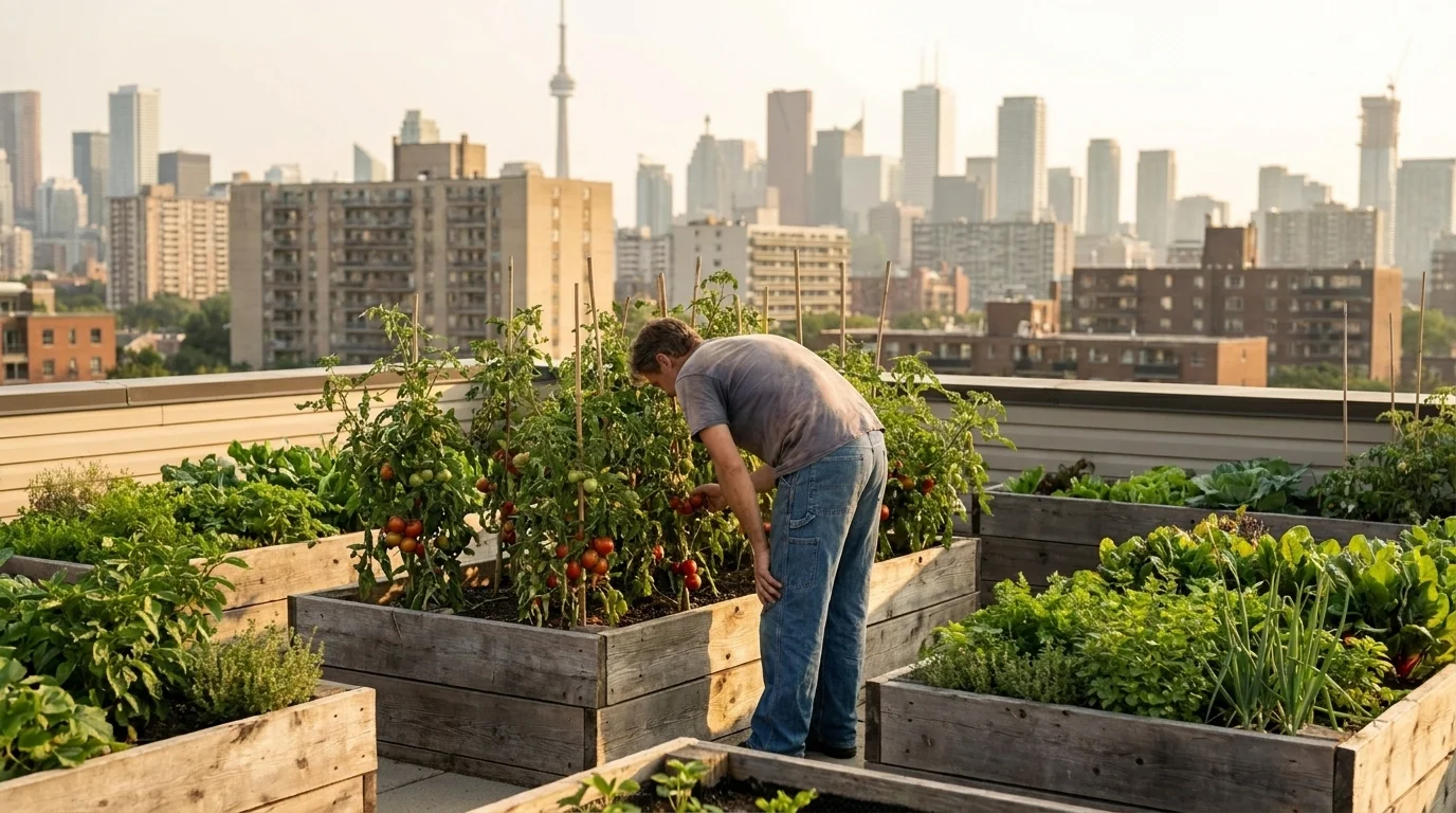 A grower checking tomato plants in reused-timber raised beds on a city rooftop with the skyline behind in late light