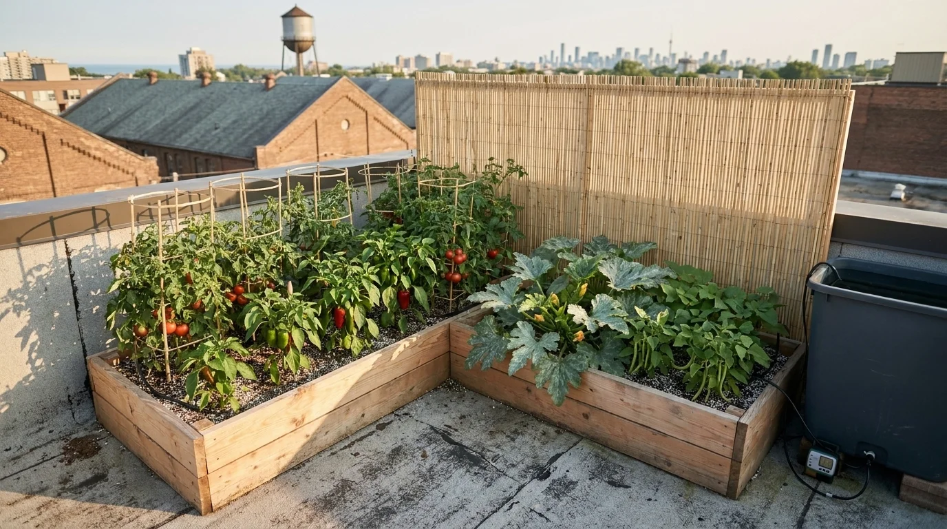 Overhead view of an urban rooftop garden with two raised beds of tomatoes and peppers, a wind screen, and a water cistern