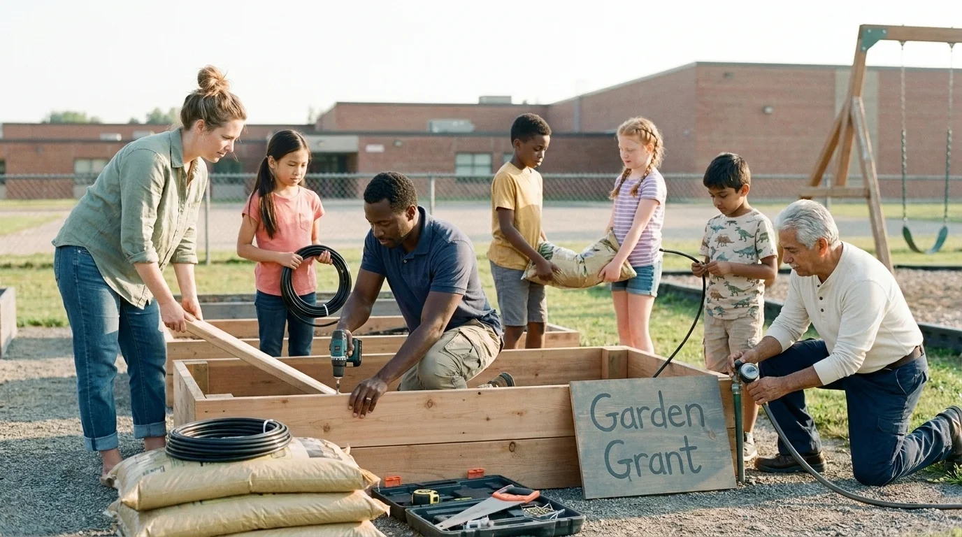 School garden working bee — three adults and four children installing a raised cedar bed under a 'Garden Grant' sign