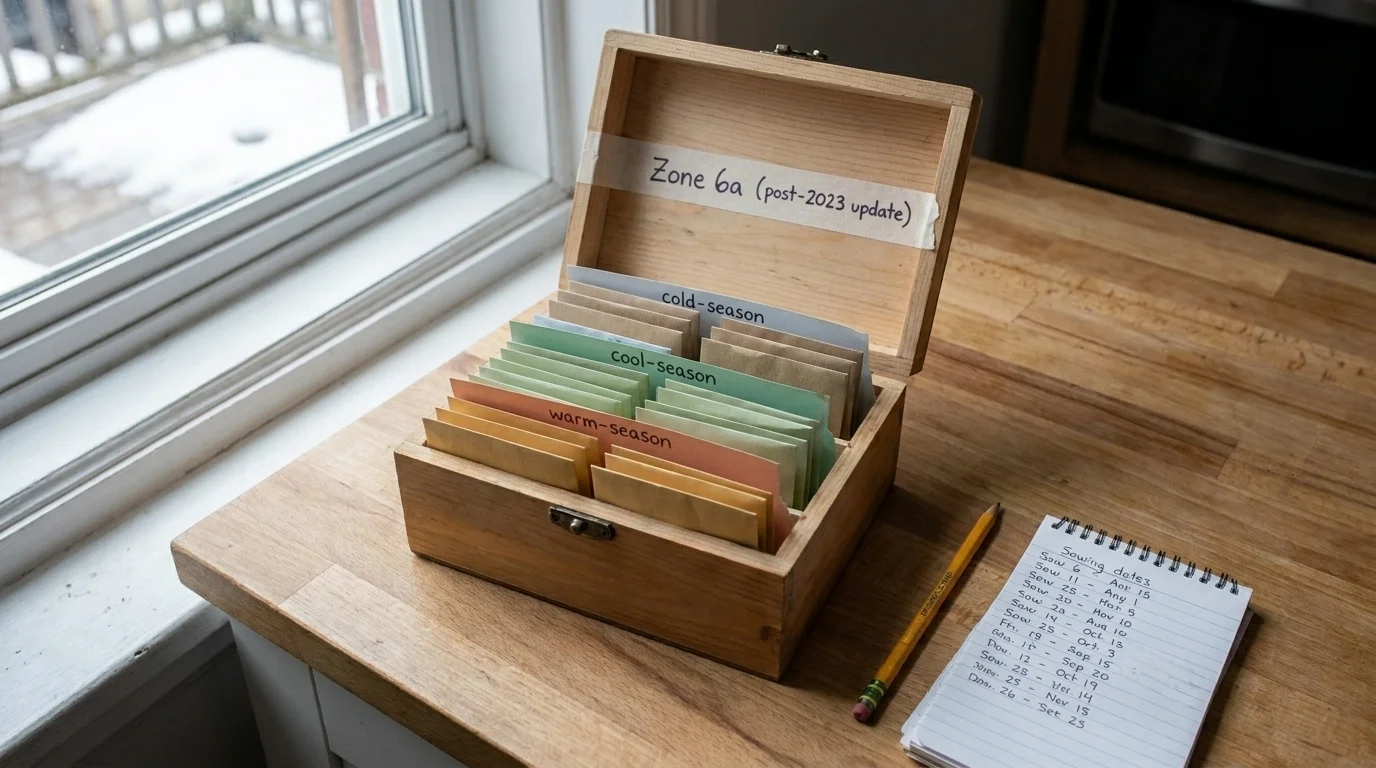 Wooden seed-organizer box on a kitchen counter, lid masking tape labelled 'Zone 6a (post-2023 update)'
