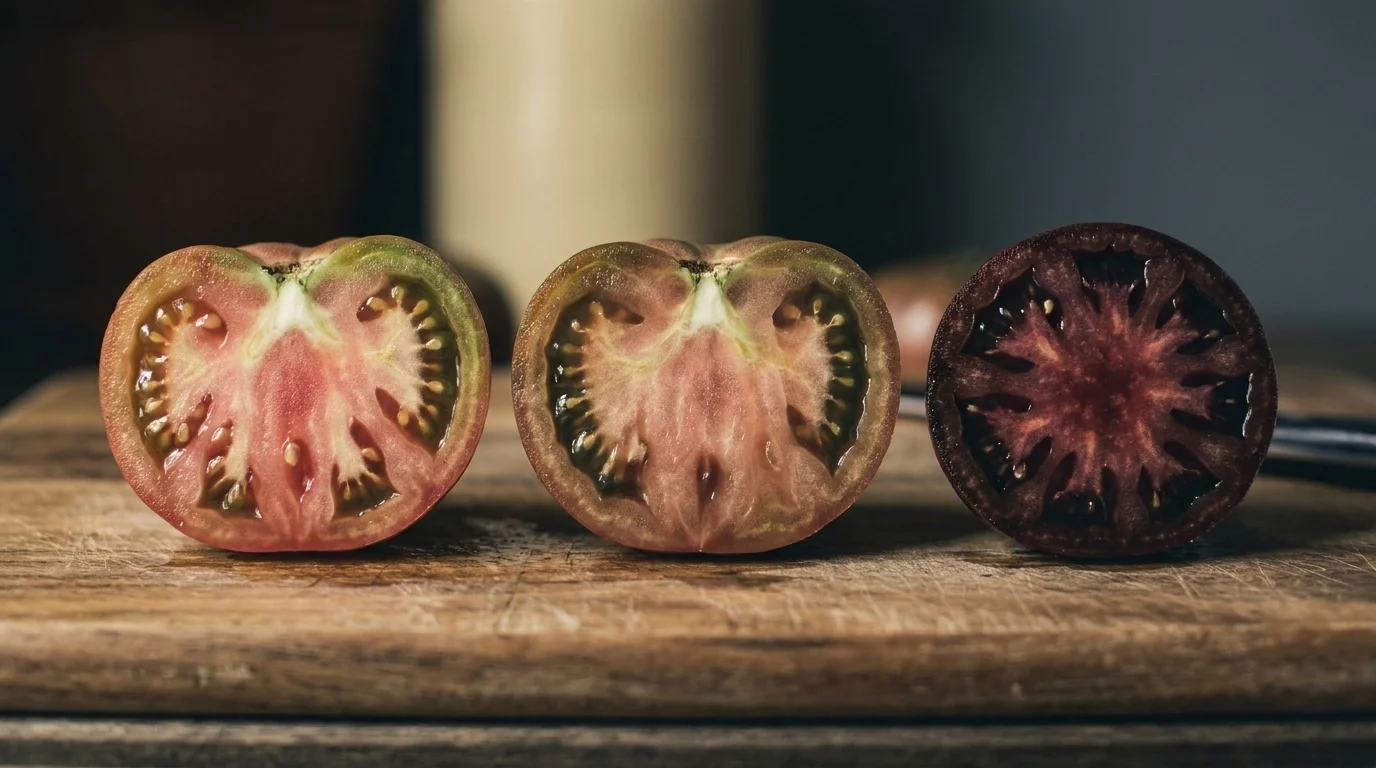 Three sliced tomatoes on a board: pink Brandywine, dusky Cherokee Purple, and a deep-purple Norfolk GMO Purple Tomato