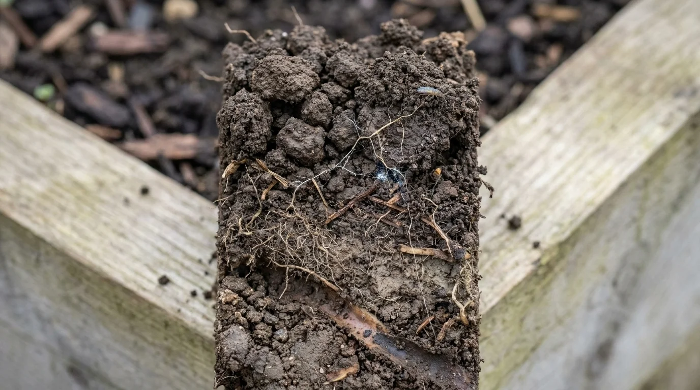 Macro view of a soil sample with dark crumb structure, fine mycorrhizal threads, and root hairs