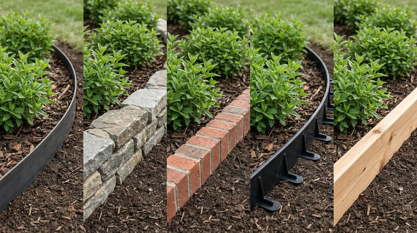 Five edging materials compared side by side — dark steel, stacked stone, red brick, black plastic and light timber