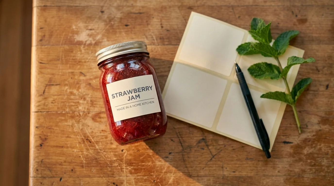 Overhead view of a homemade strawberry jam jar with a printed "made in a home kitchen" label on a worn wood table