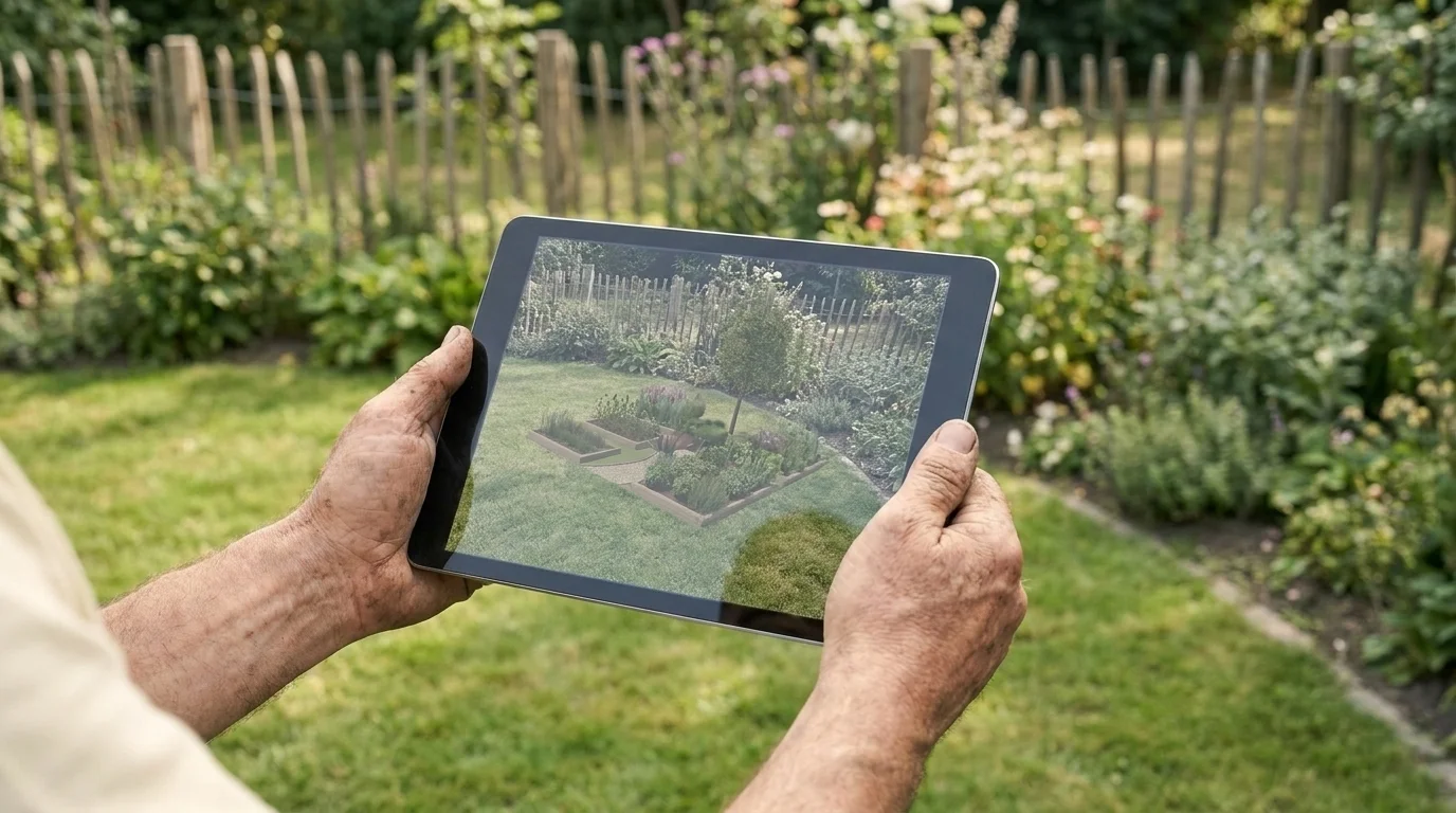 A person holding a tablet showing an AR garden design overlaid on their real backyard lawn and beds