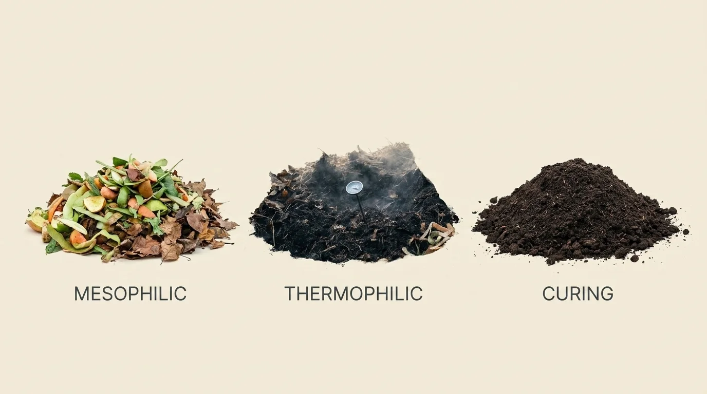 Three-stage compost progression: fresh mixed greens and browns, a steaming thermophilic pile, and finished dark crumbly humus