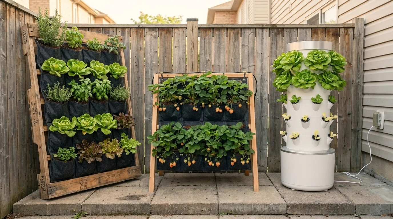 Three vertical garden systems compared: pallet wall, cedar A-frame with strawberry pockets, and a hydroponic lettuce tower