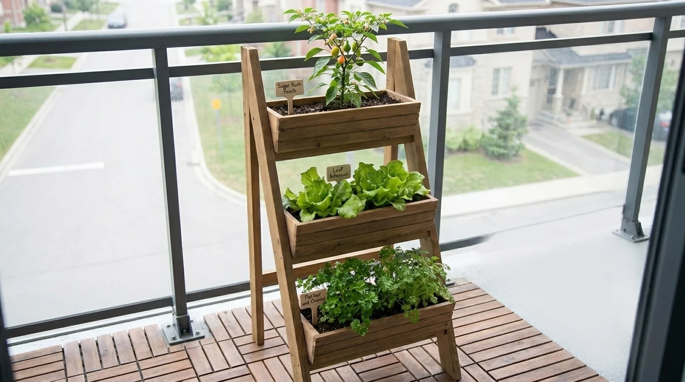 Three-tier wooden ladder planter with a 'Sugar Rush Peach' pepper on top, leaf lettuce in the middle, and parsley below