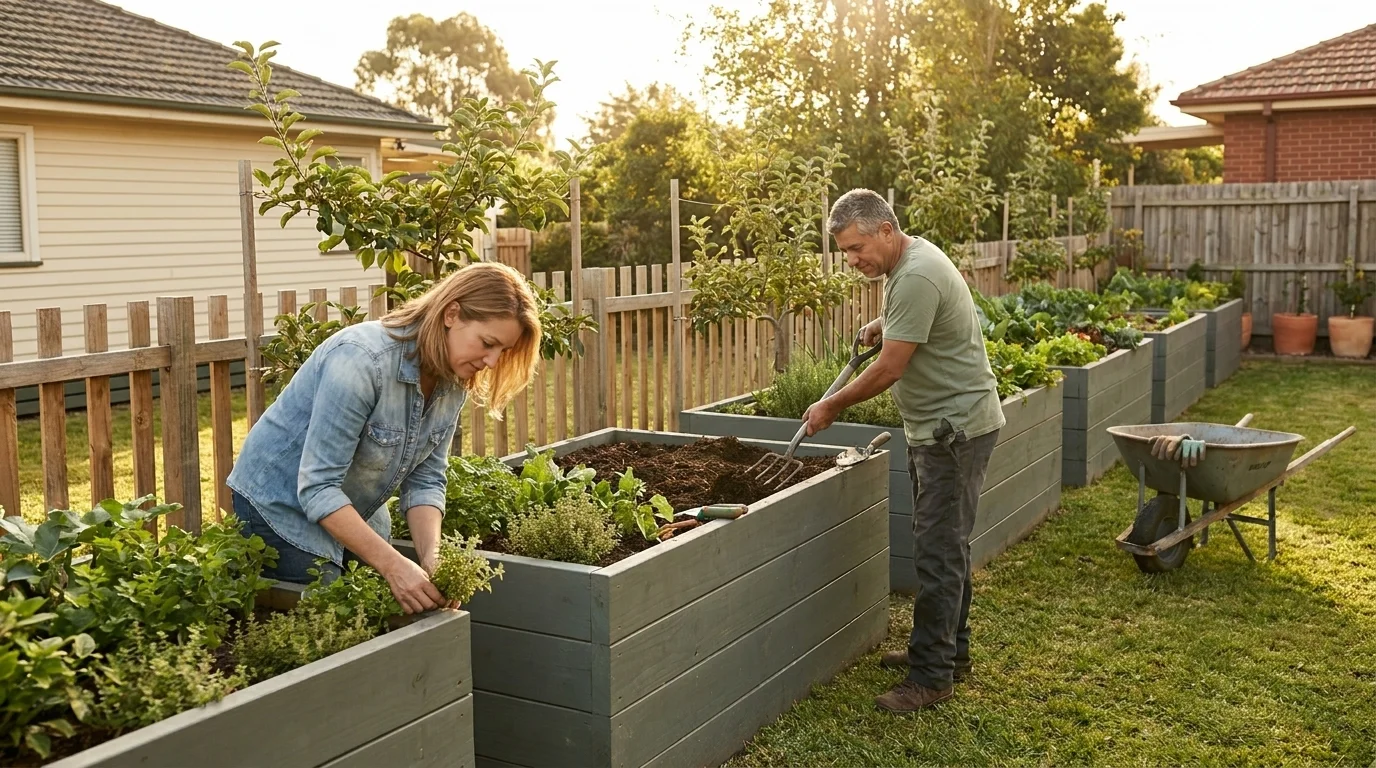 Two neighbours of different ages planting herbs and forking compost in raised beds along a shared fence line