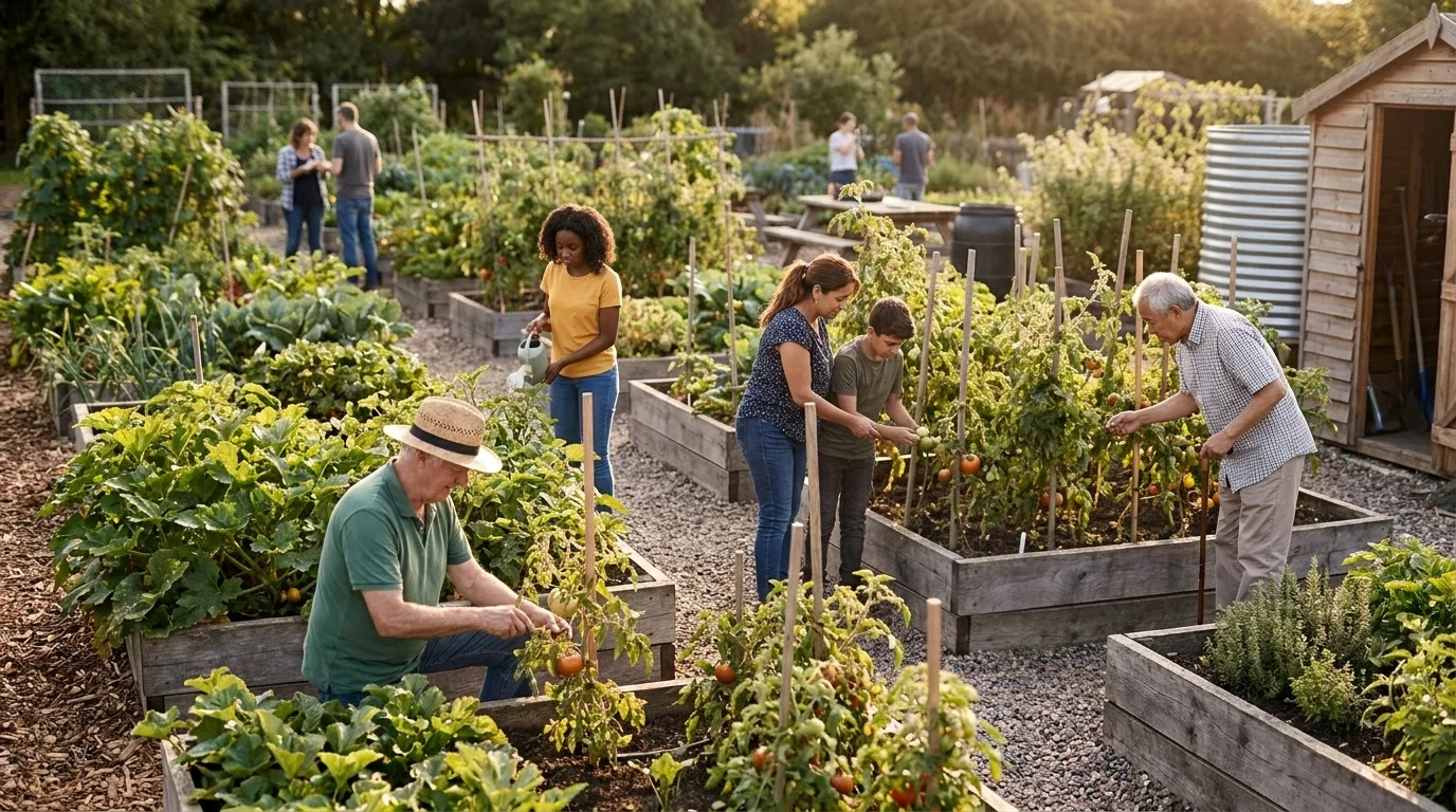 A thriving urban community garden on a former lot, timber raised beds of greens and tomatoes tended by varied neighbours