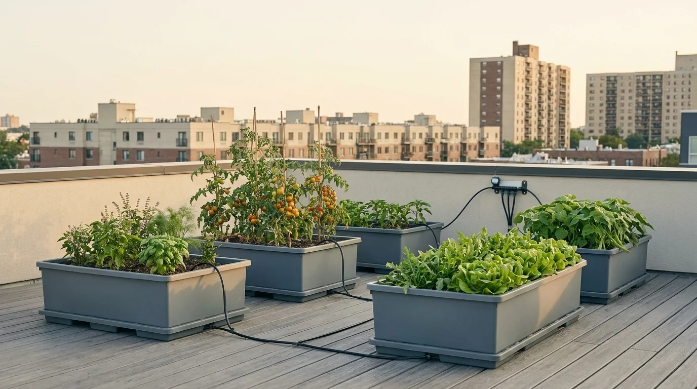 Urban rooftop garden with modular planter boxes of tomatoes, herbs and lettuce, drip irrigation and city skyline behind