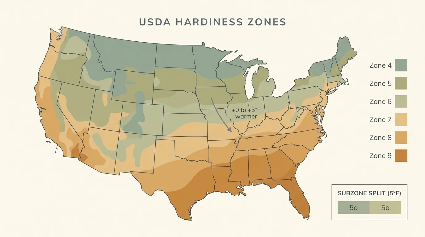Editorial flat-design map of US USDA hardiness zones with the central-eastern warming shift arrow and a 5a/5b subzone inset
