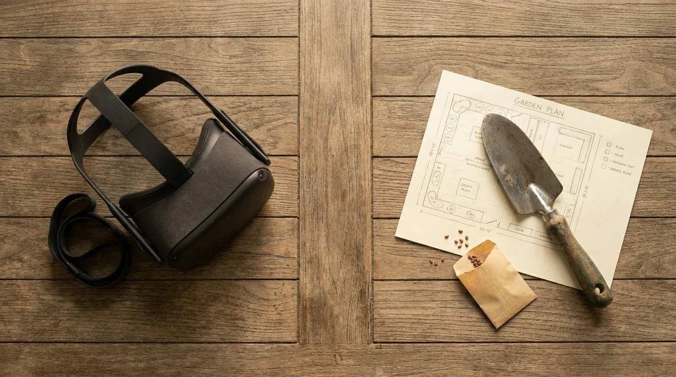 Overhead flat-lay contrasting a VR headset with a hand-drawn paper garden plan, trowel and seed packet on wood