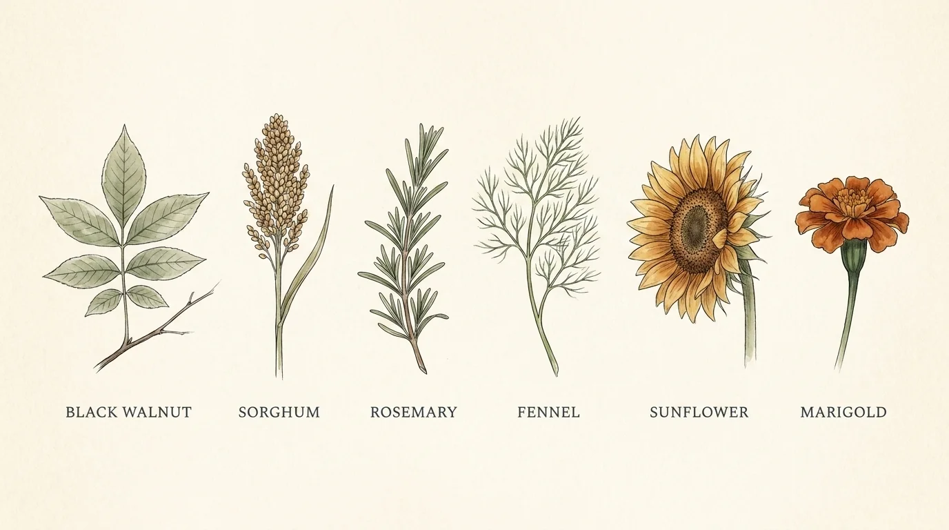 Botanical illustration banner of six allelopathic plants: black walnut, sorghum, rosemary, fennel, sunflower, marigold