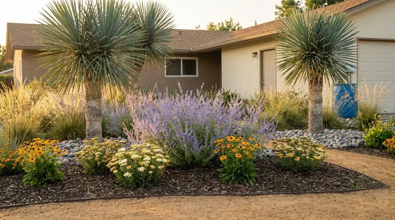 Layered xeriscape planting in late afternoon: Russian sage, beaked yucca, yarrow, black-eyed Susan, switchgrass at the back