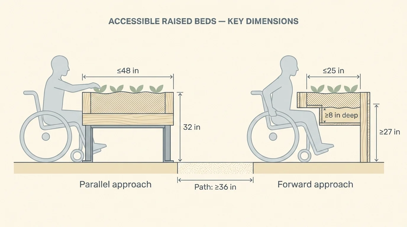 Diagram comparing parallel-approach and forward-approach wheelchair-accessible raised garden beds with key dimensions