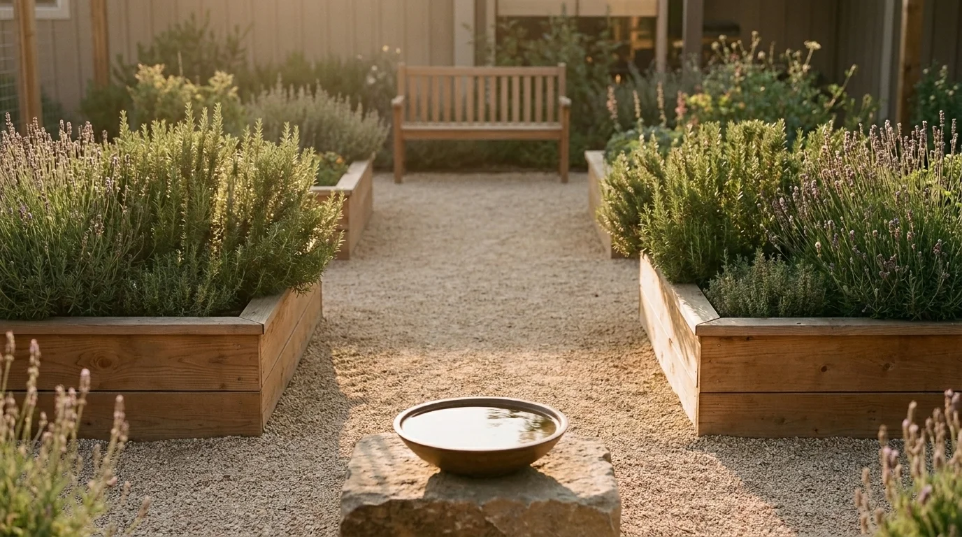 Accessible home healing garden at golden hour: waist-high cedar beds, a wide gravel path, lavender, and a still water bowl