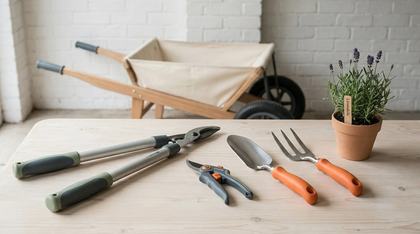Cushioned pruners, ratcheting secateurs, an orange-handled trowel, and a two-wheeled wheelbarrow on a pine workbench