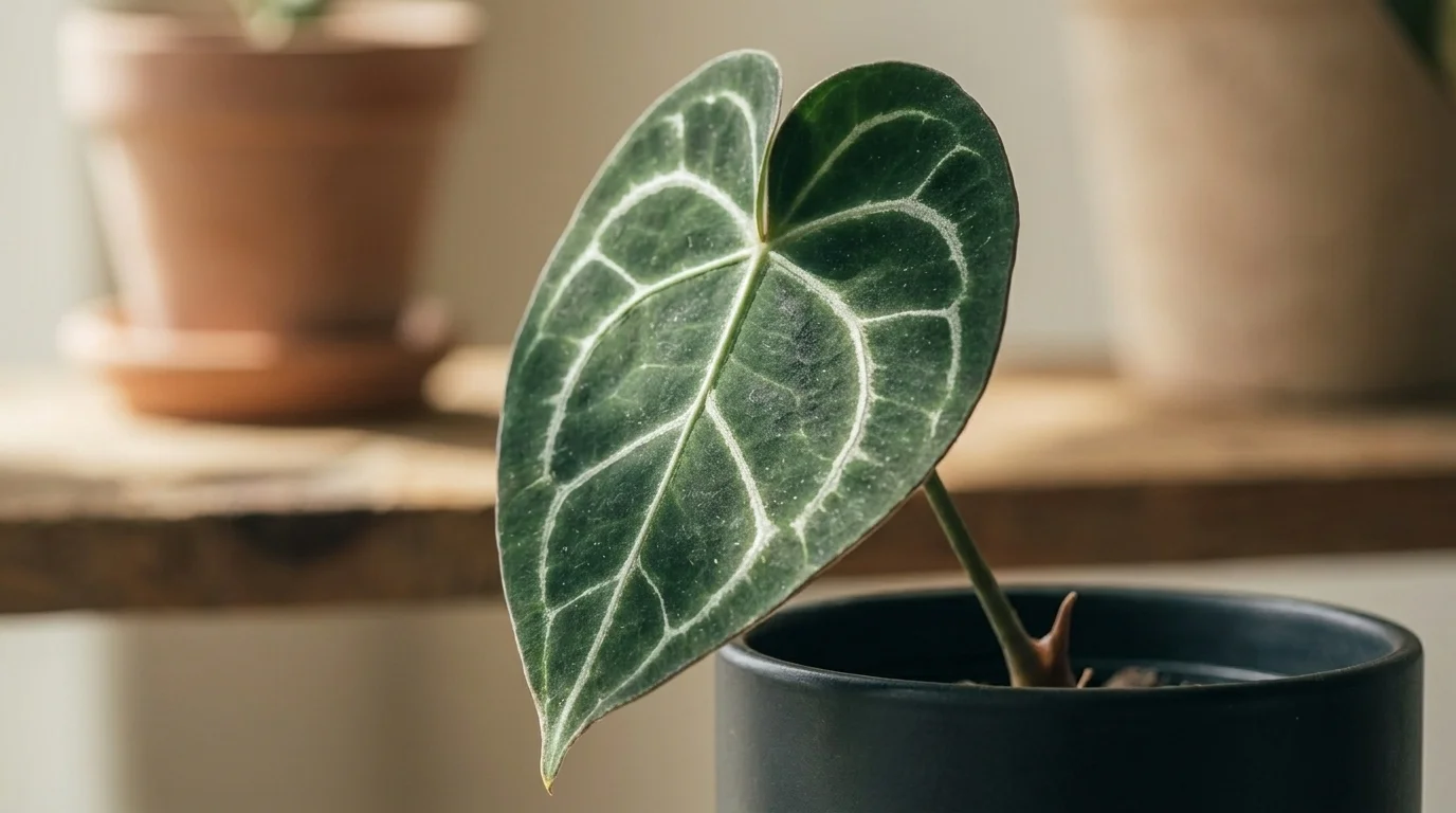 Anthurium clarinervium velvet leaf with bright silver venation traced across deep green surface, side-lit macro
