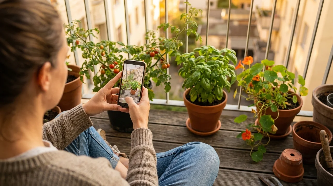 Person on an apartment balcony holding a phone with a garden design app overlay against potted vegetables on the railing