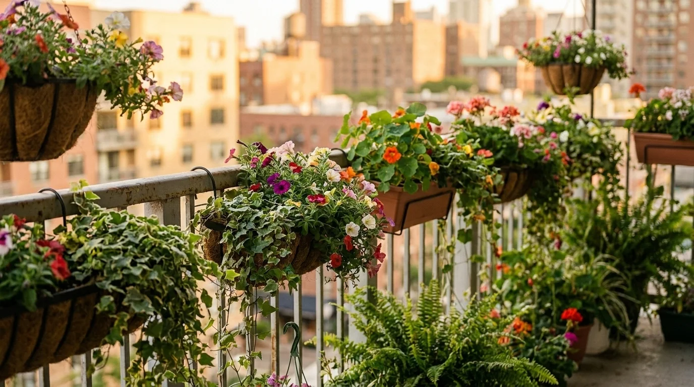 Overflowing hanging baskets of trailing annuals clamped along an apartment balcony railing with a city view behind