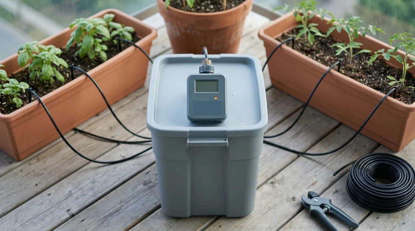 Battery-powered drip-irrigation timer on a 25-litre water reservoir with thin black drip lines feeding terracotta seedlings