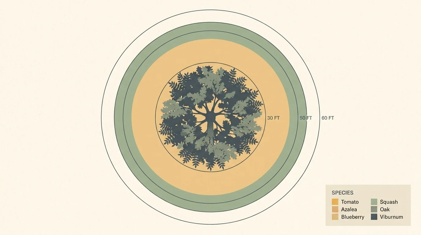 Overhead diagram of a black walnut's juglone radius at fifty to sixty feet with sensitive and tolerant species zones