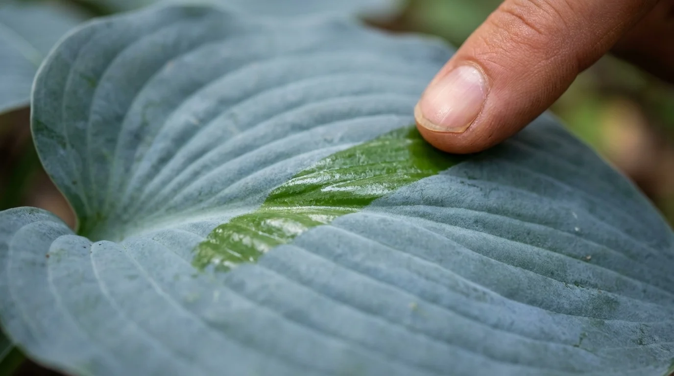 Macro of a blue hosta leaf where a fingertip wiped a stripe of powdery blue-grey wax away to reveal glossy green beneath