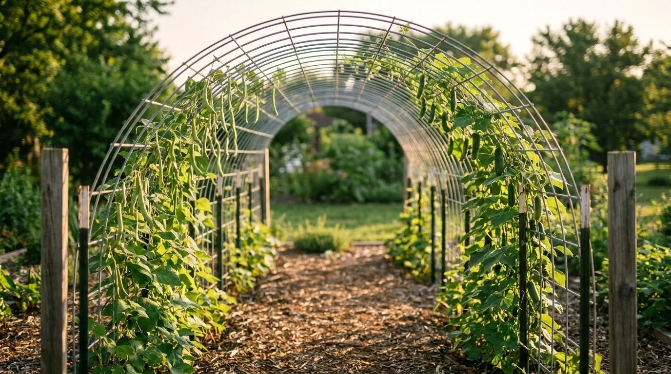 A DIY cattle-panel arch tunnel covered in climbing beans and cucumbers over a mulched path in a sunny vegetable garden