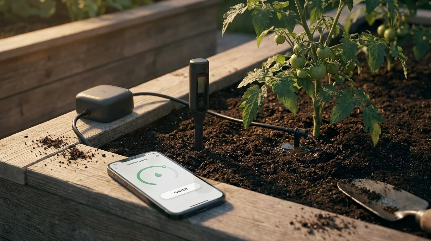 A soil probe, smart valve and drip emitter set up for automatic plant watering at the base of a raised-bed tomato