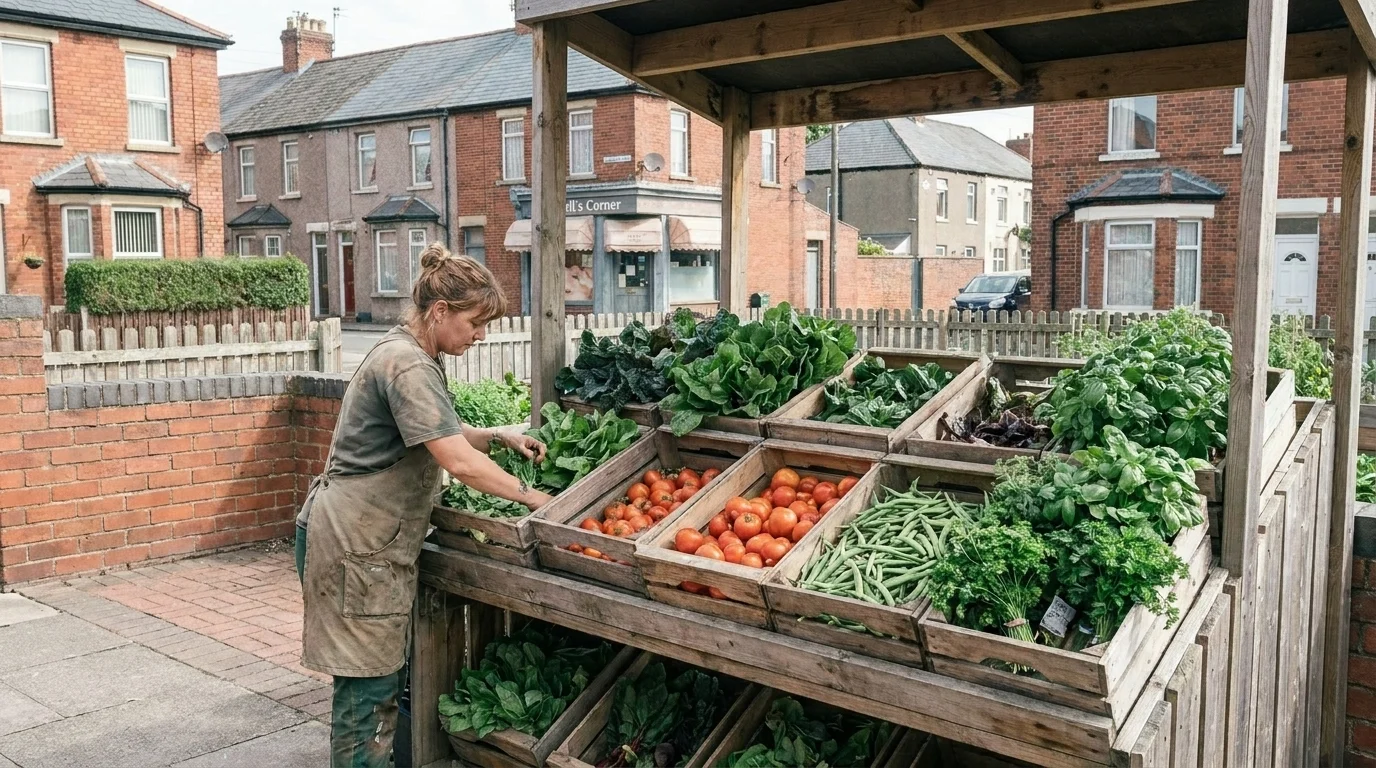 Crates of fresh leafy greens and vegetables at a community-garden farm stand with a resident arranging produce