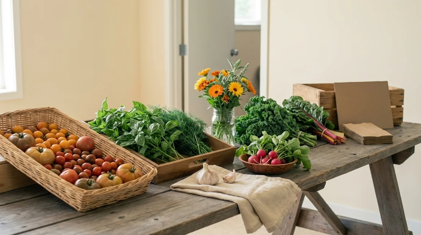 Community garden harvest table with vegetables, herbs, and flowers laid out for shared distribution among gardeners