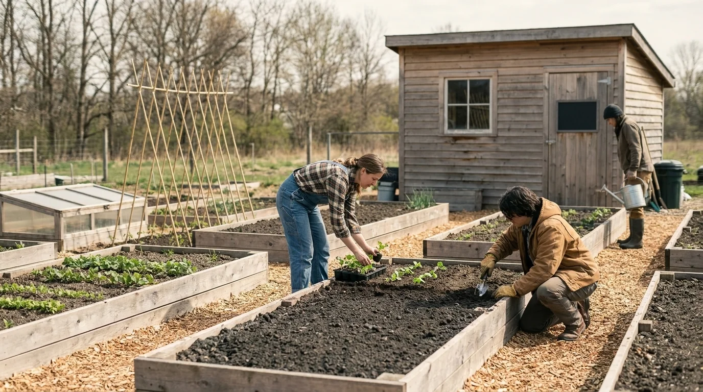 Community garden in spring with multiple raised beds, gardeners working on different plots, and a tool shed in the background