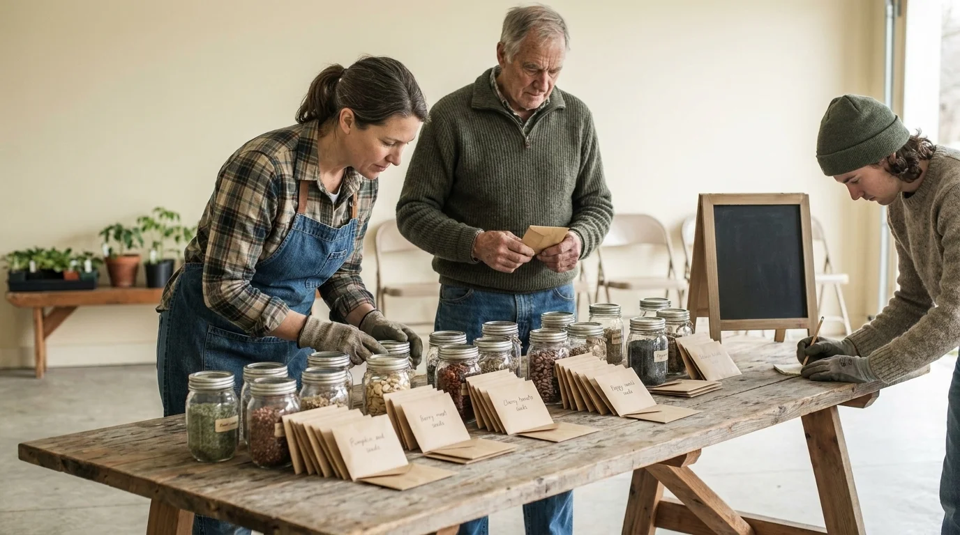 Community seed swap event with glass jars and kraft packets on a long wooden table and gardeners selecting seeds